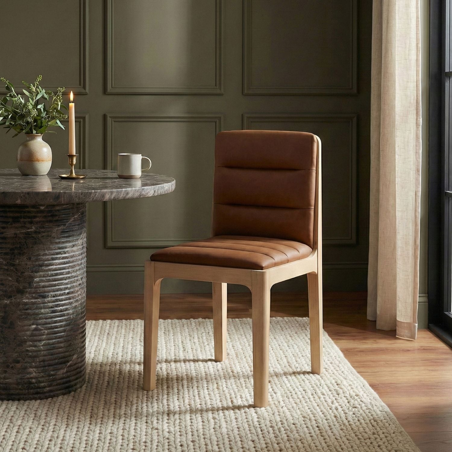 Ellis Cane And Vegan Leather Upholstered Dining Chair — Cognac / Natural