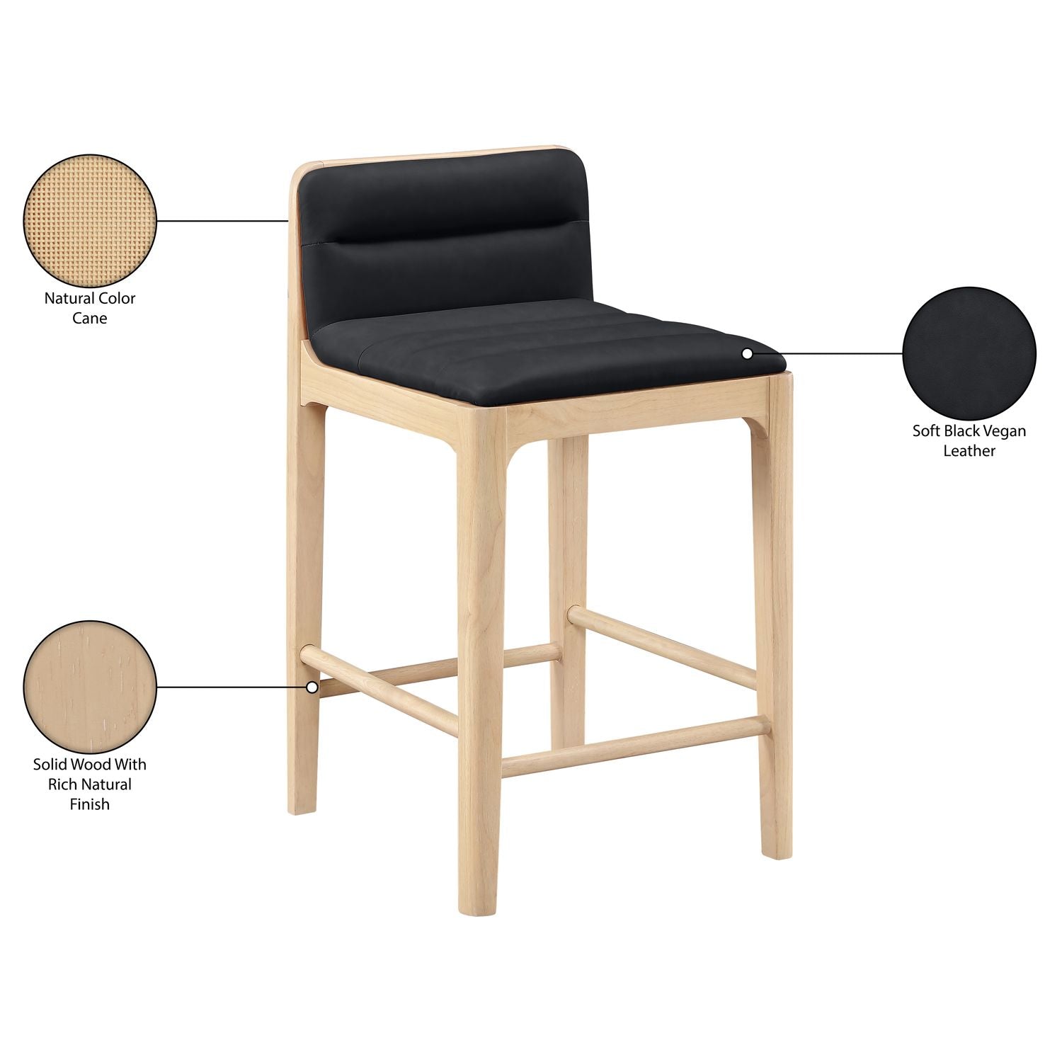 Ellis Cane And Vegan Leather Upholstered Counter Stool — Black / Natural
