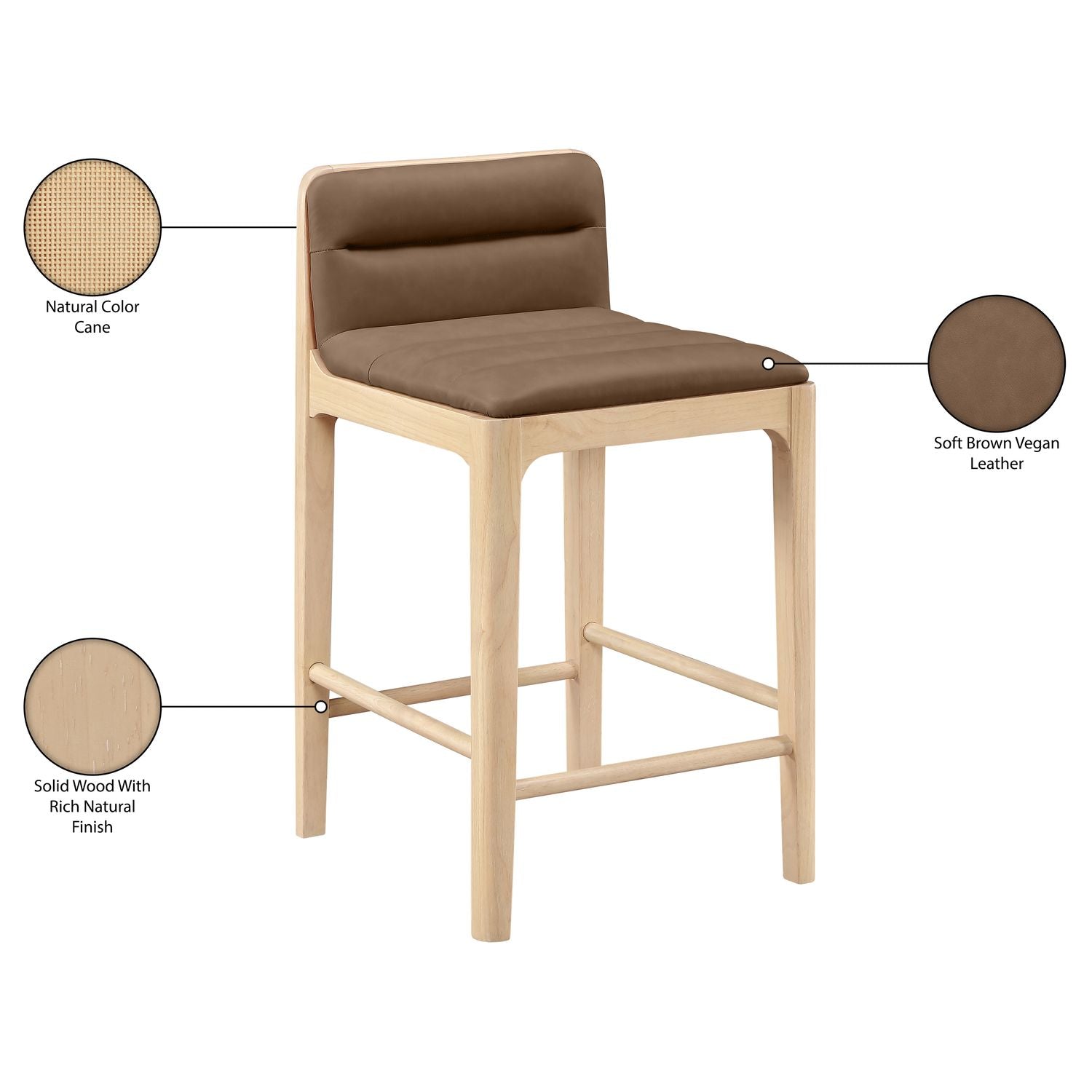 Ellis Cane And Vegan Leather Upholstered Counter Stool — Brown / Natural