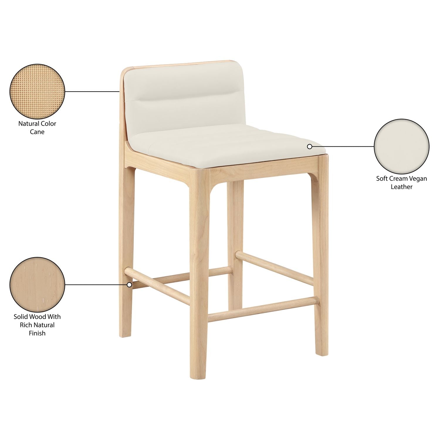 Ellis Cane And Vegan Leather Upholstered Counter Stool — Cream / Natural