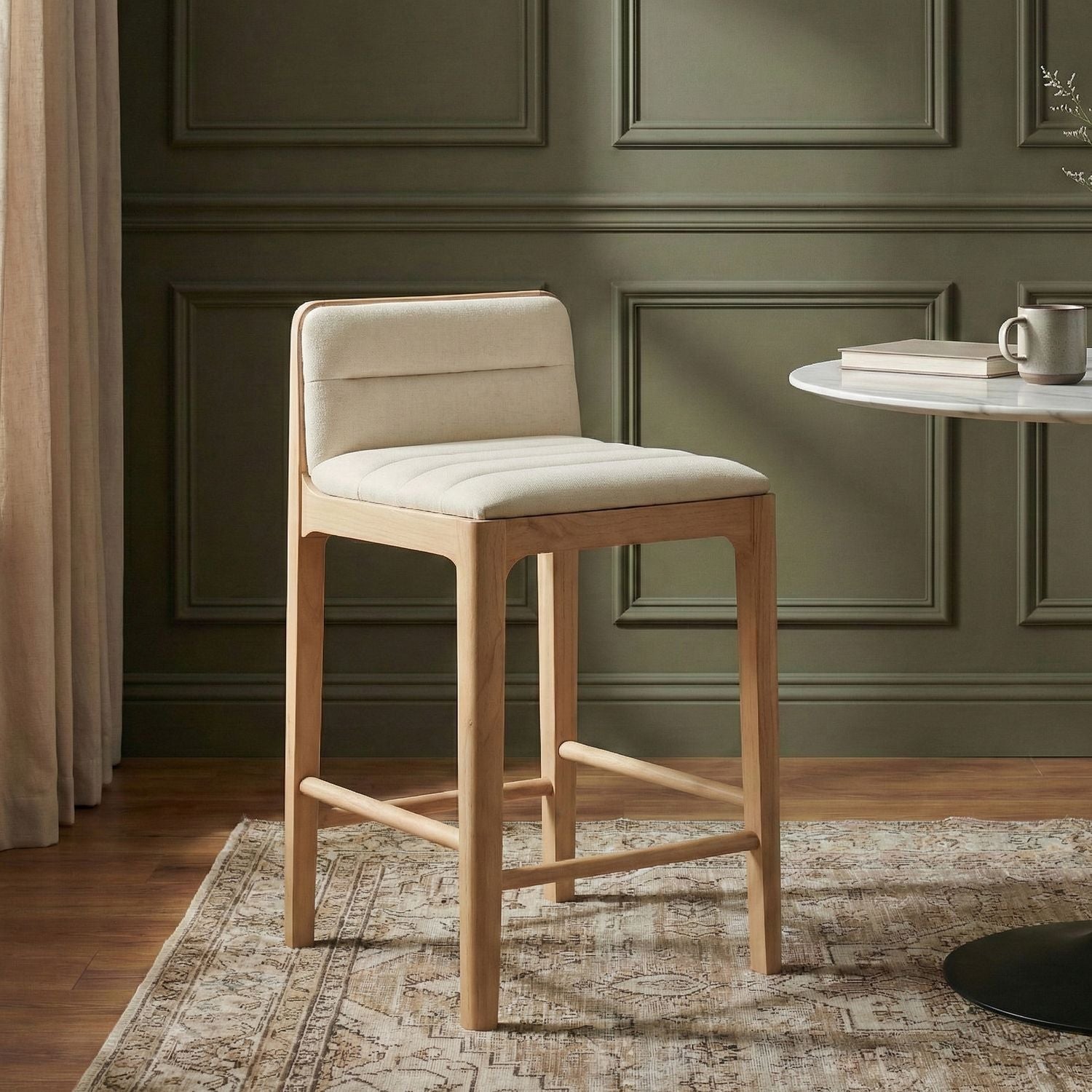Ellis Cane And Vegan Leather Upholstered Counter Stool — Cream / Natural