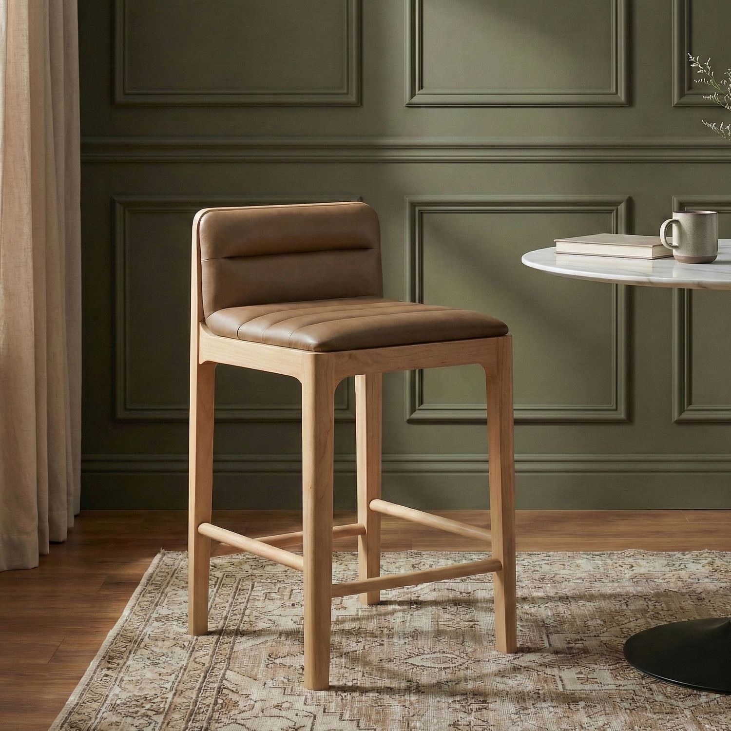 Ellis Cane And Vegan Leather Upholstered Counter Stool — Tan / Natural