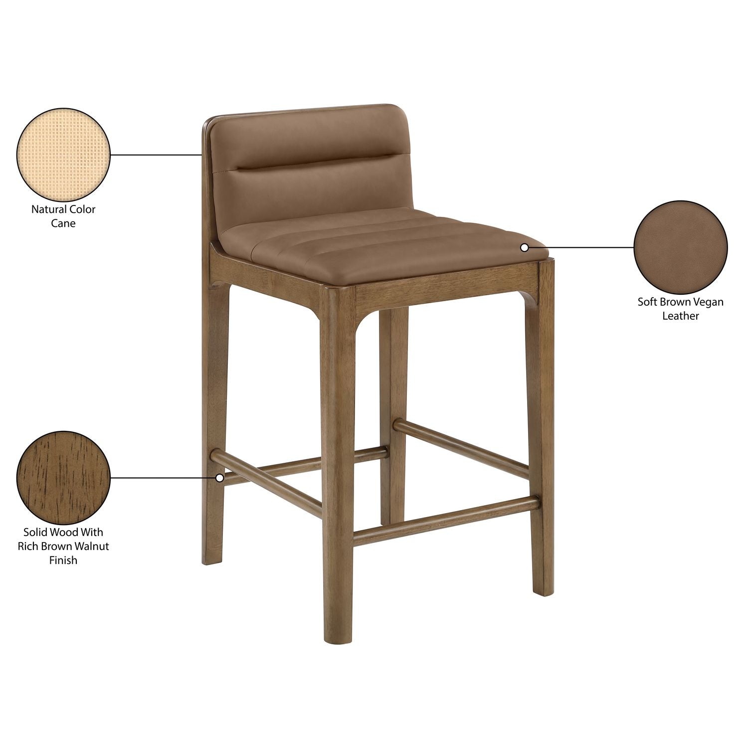 Ellis Cane And Vegan Leather Upholstered Counter Stool — Brown / Brown
