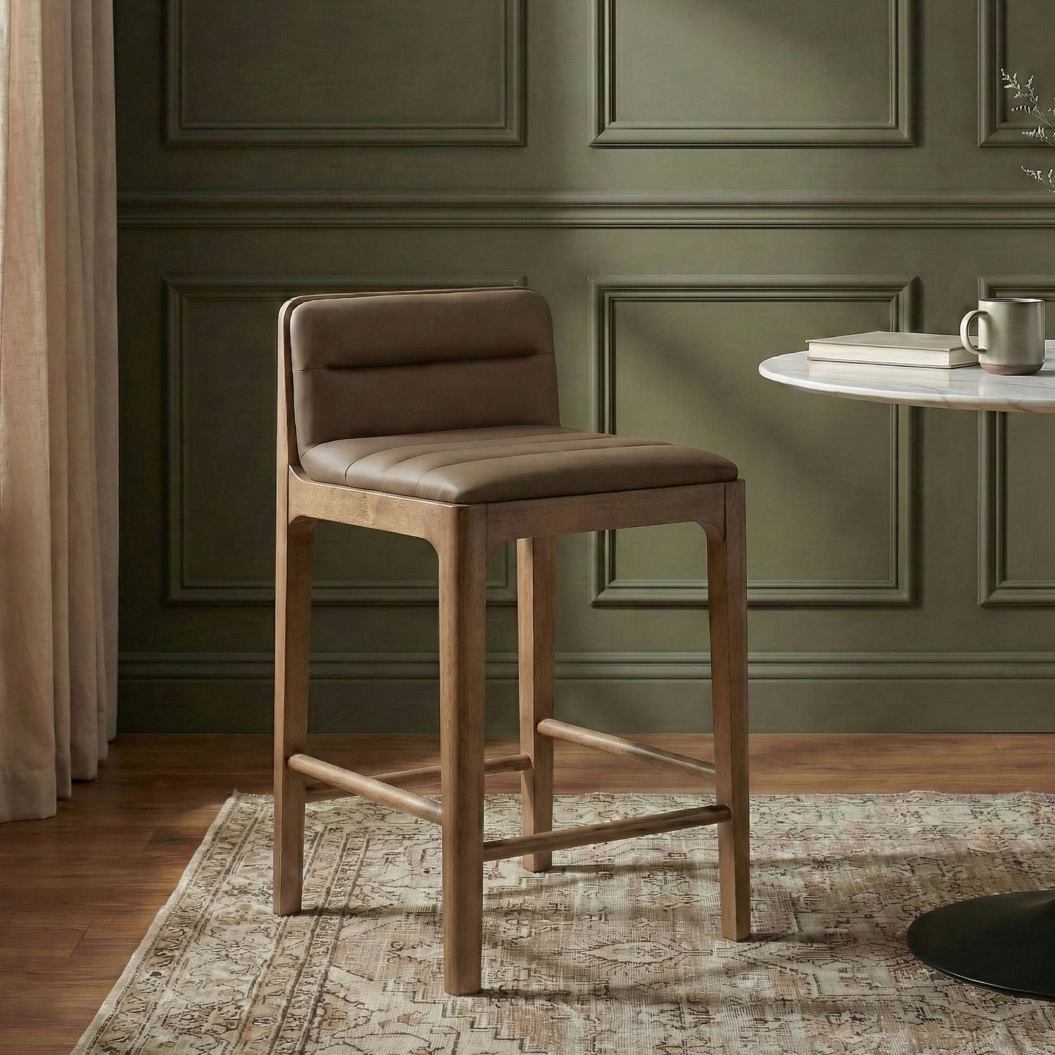 Ellis Cane And Vegan Leather Upholstered Counter Stool — Brown / Brown