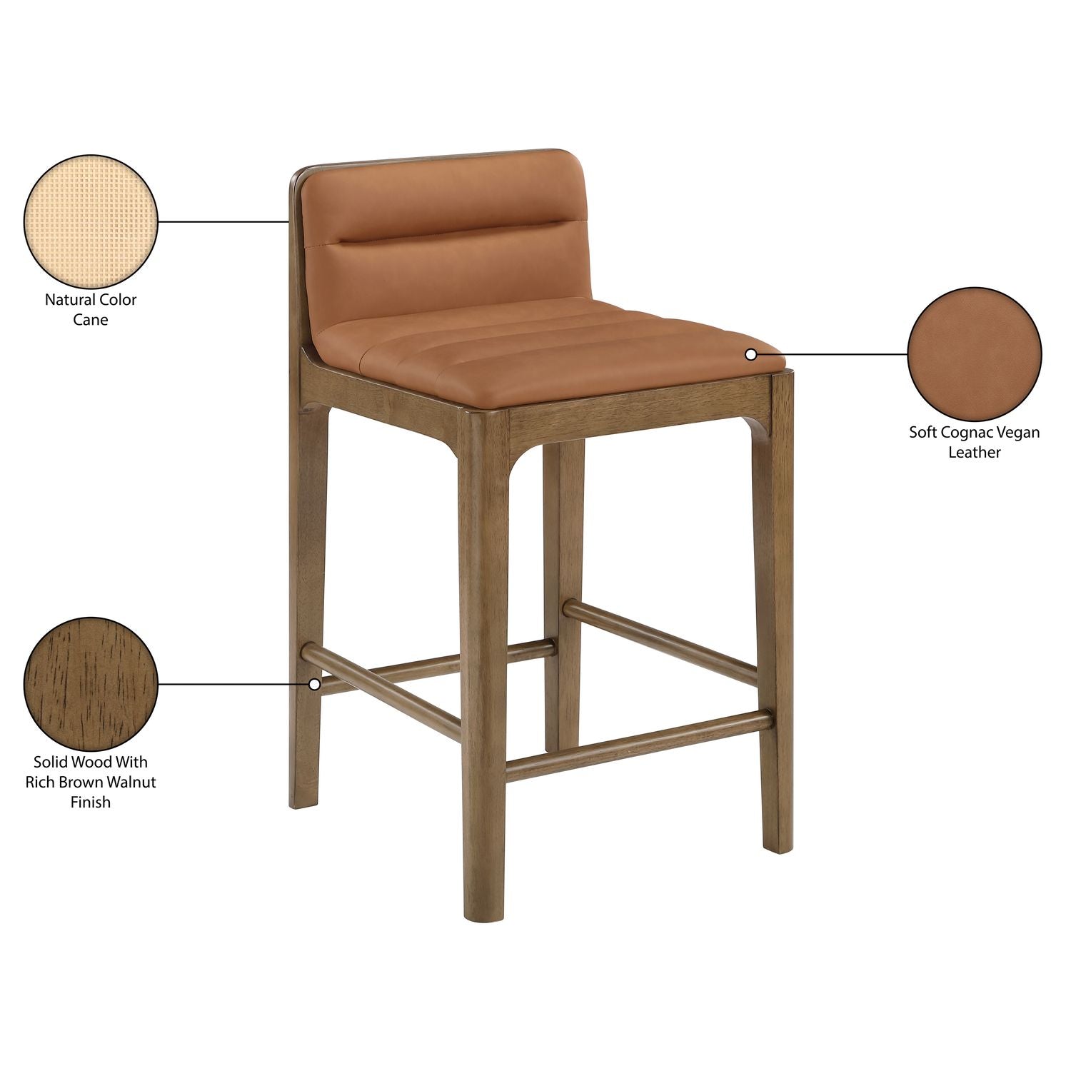 Ellis Cane And Vegan Leather Upholstered Counter Stool — Cognac / Brown
