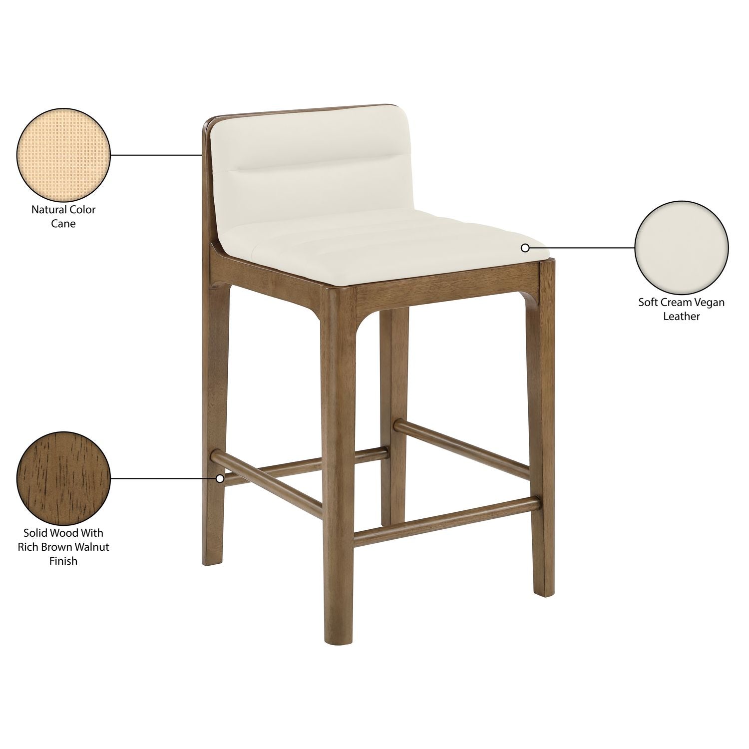 Ellis Cane And Vegan Leather Upholstered Counter Stool — Cream / Brown