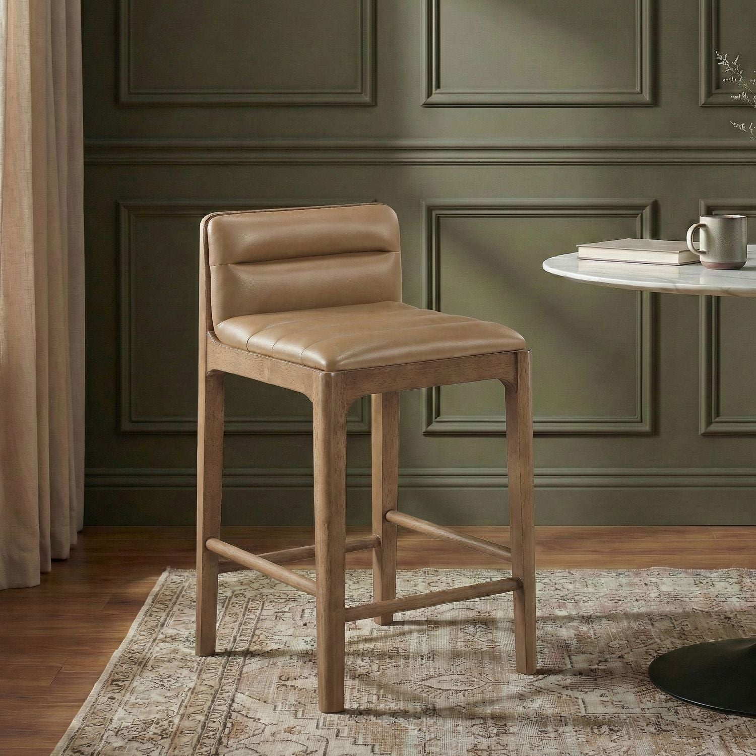 Ellis Cane And Vegan Leather Upholstered Counter Stool — Tan / Brown