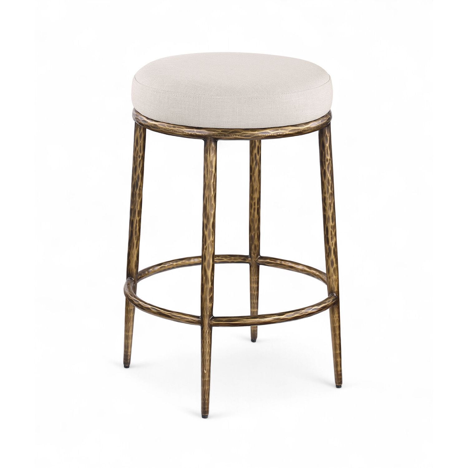 Ferro Linen Textured Performance Fabric Upholstered Counter Stool — Beige / Brushed Gold