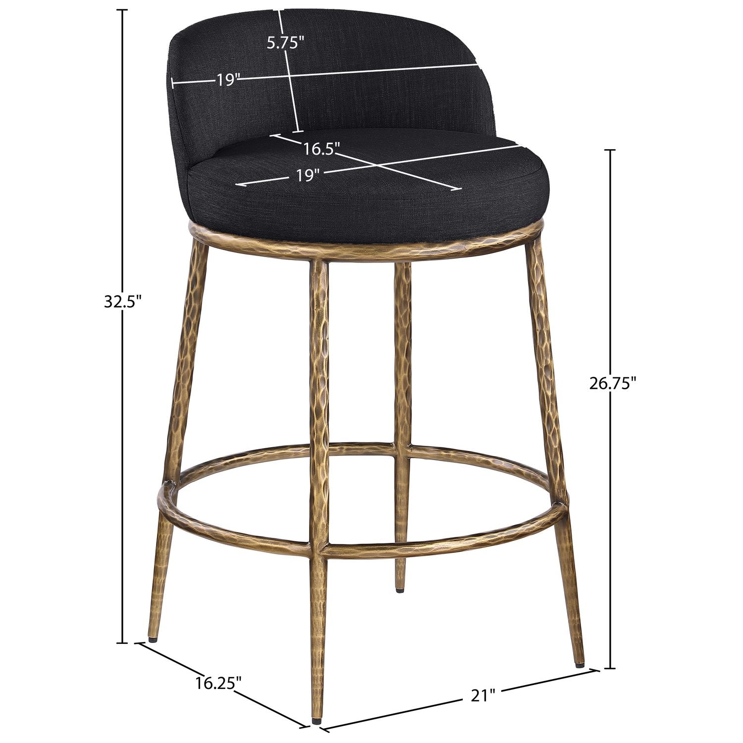 Ferro Linen Textured Performance Fabric Upholstered Counter Stool — Black / Brushed Gold