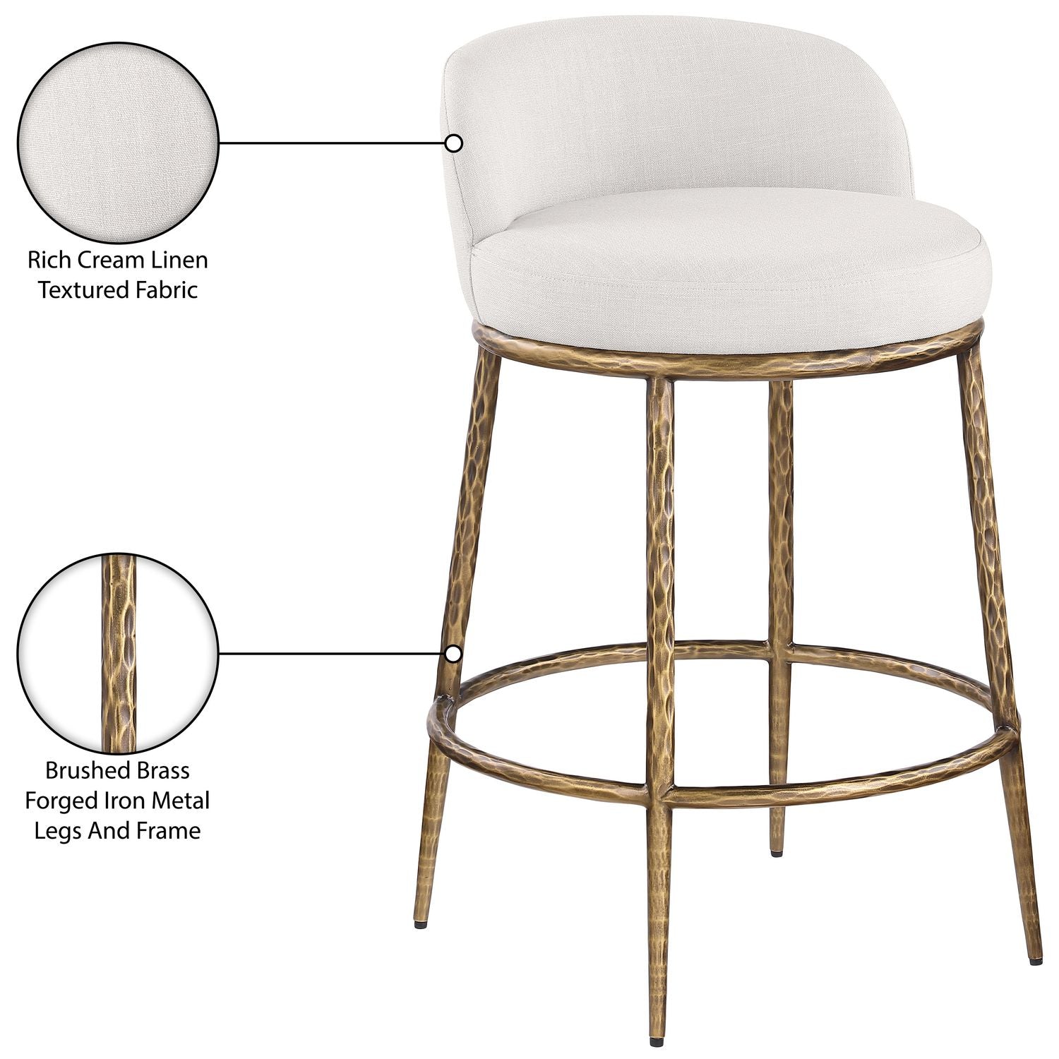 Ferro Linen Textured Performance Fabric Upholstered Counter Stool — Cream / Brushed Gold