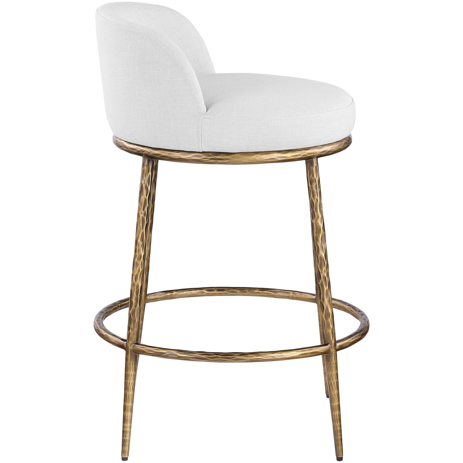 Ferro Linen Textured Performance Fabric Upholstered Counter Stool — White / Brushed Gold