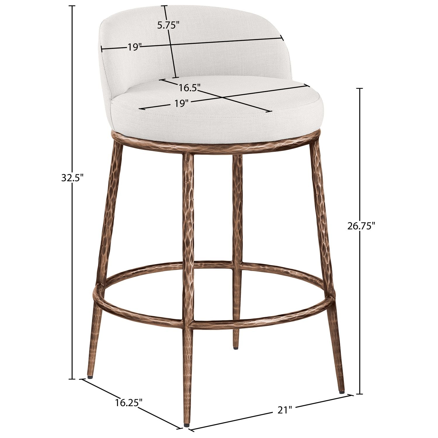 Ferro Linen Textured Performance Fabric Upholstered Counter Stool — Cream / Brushed Bronze