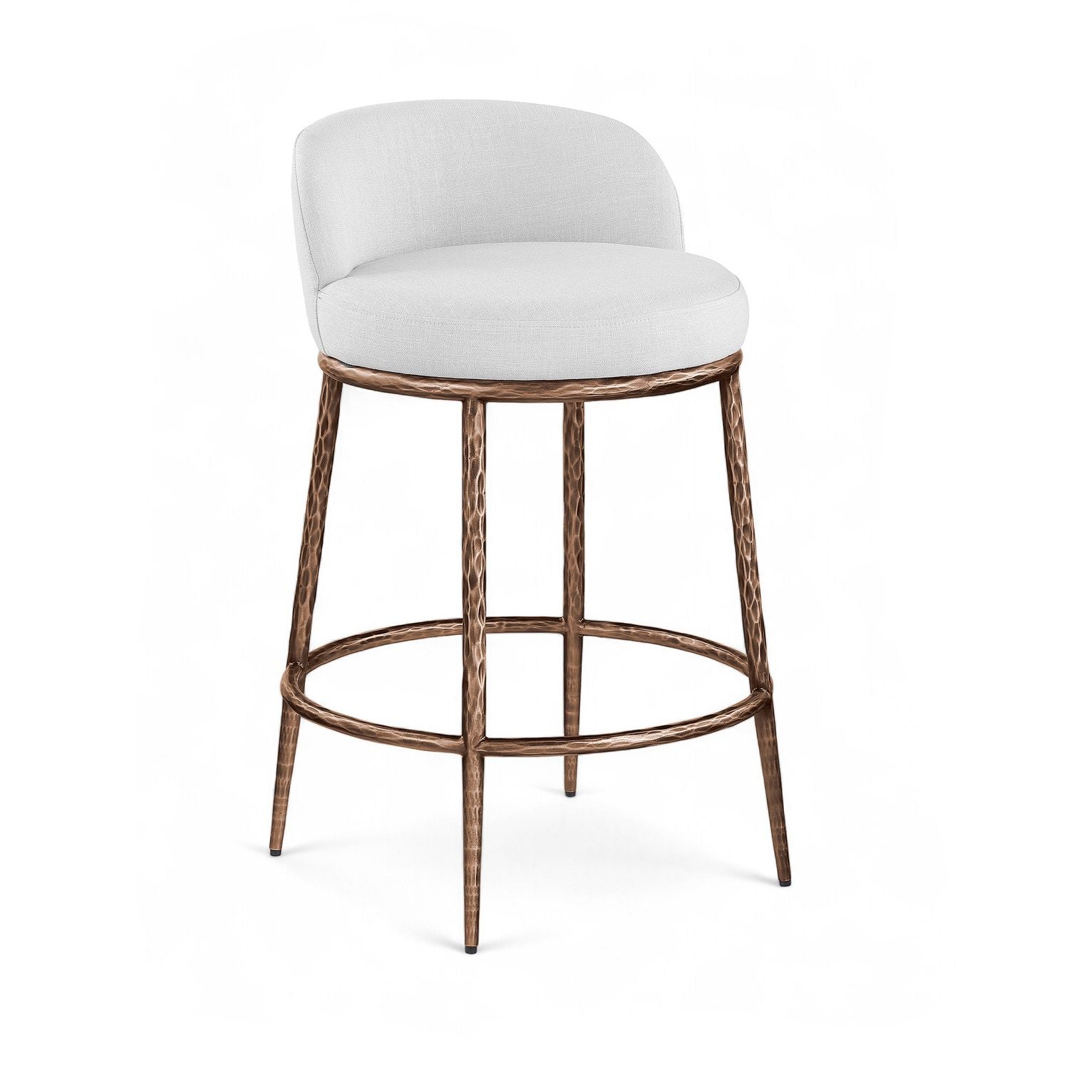 Ferro Linen Textured Performance Fabric Upholstered Counter Stool — White / Brushed Bronze