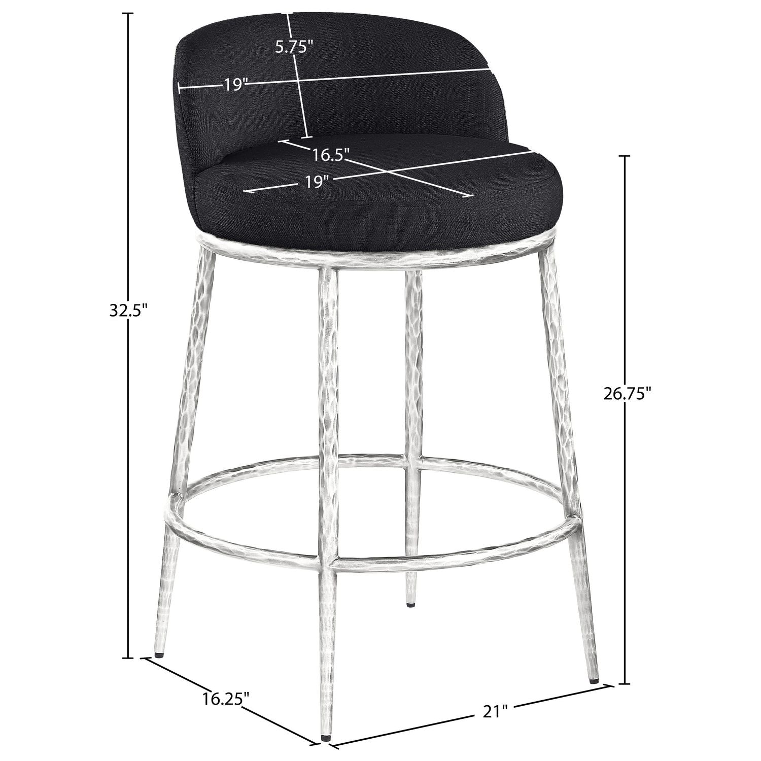 Ferro Linen Textured Performance Fabric Upholstered Counter Stool — Black / Brushed Silver