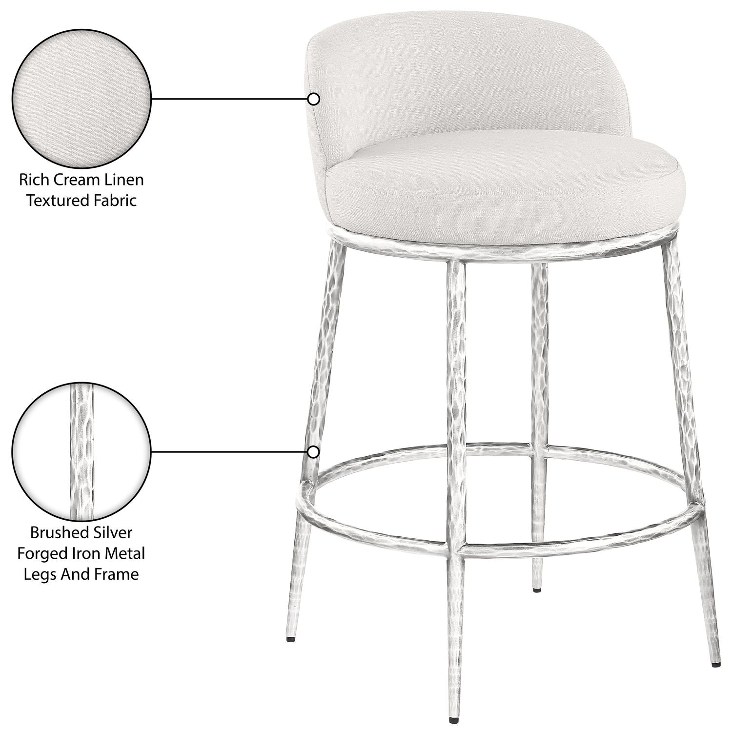Ferro Linen Textured Performance Fabric Upholstered Counter Stool — Cream / Brushed Silver