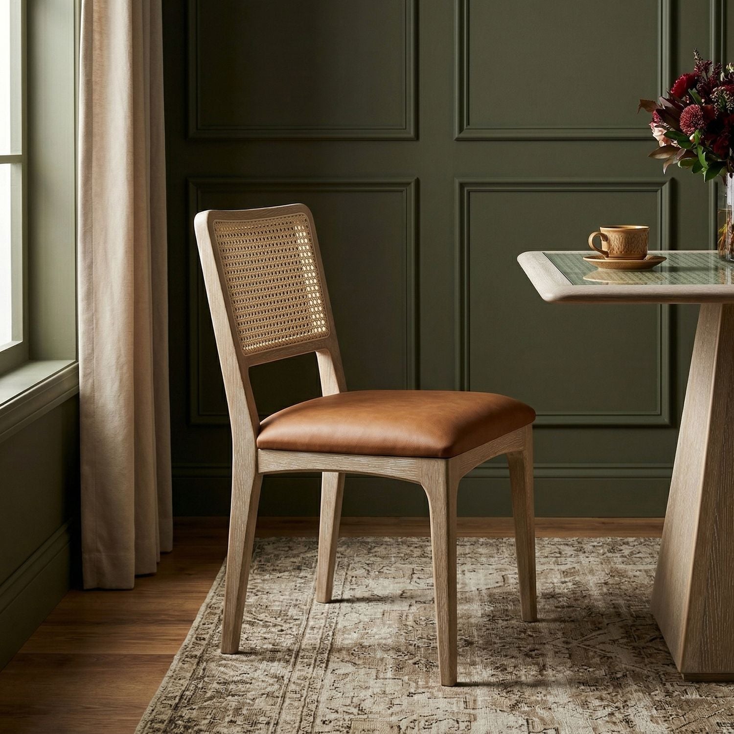 Atrium Cane Back And Vegan Leather Upholstered Seat Dining Chair — Cognac / Brushed Natural / White Cerusing