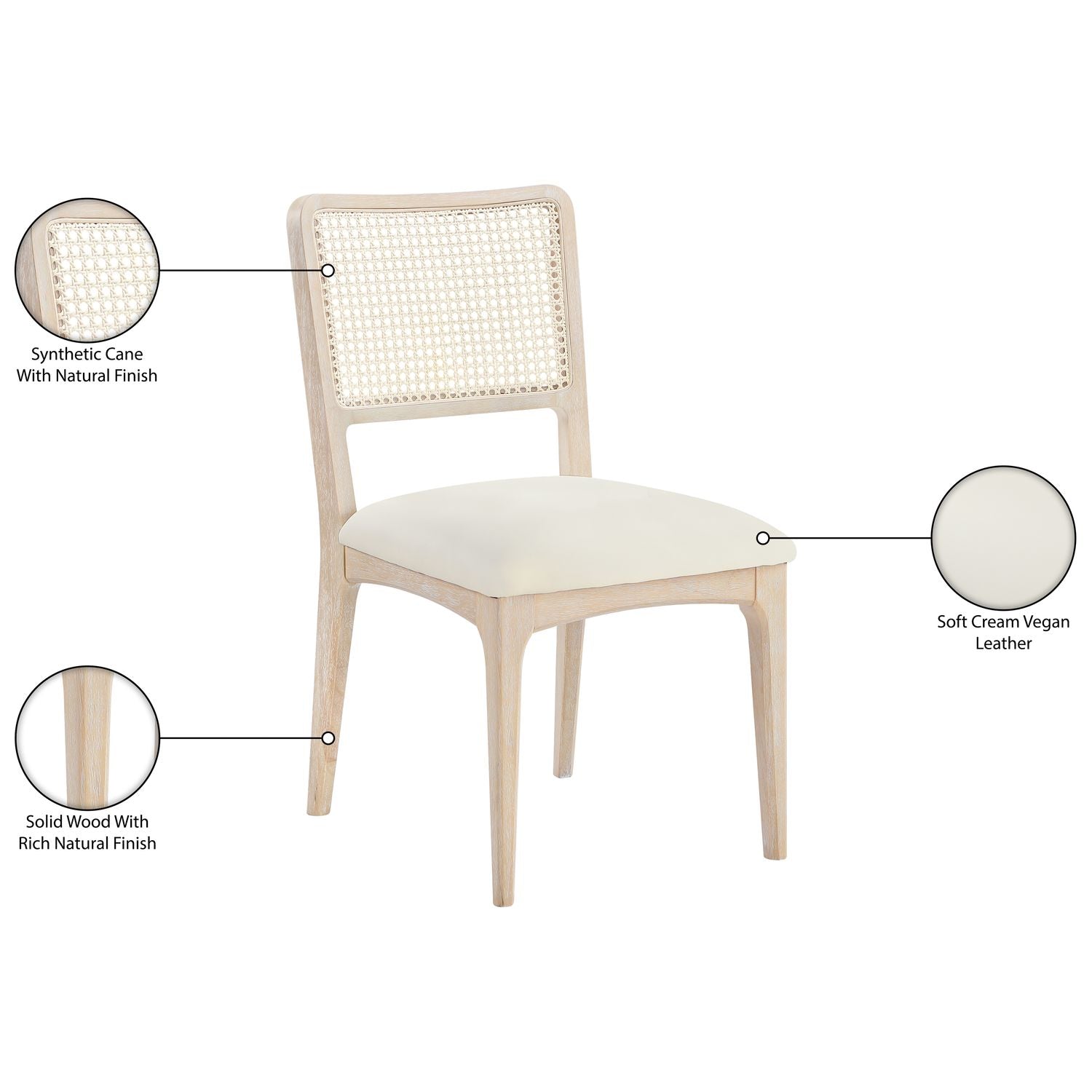 Atrium Cane Back And Vegan Leather Upholstered Seat Dining Chair — Cream / Brushed Natural / White Cerusing
