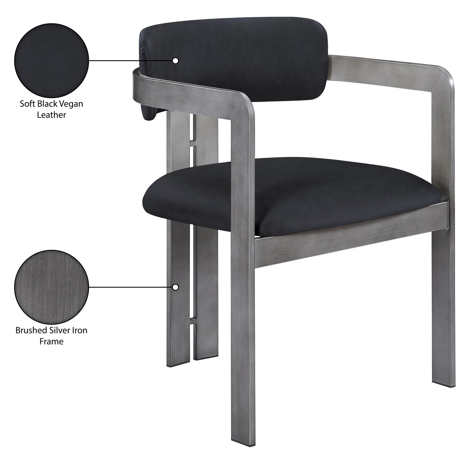 Aurum Vegan Leather Upholstered Dining Chair — Black / Brushed Silver