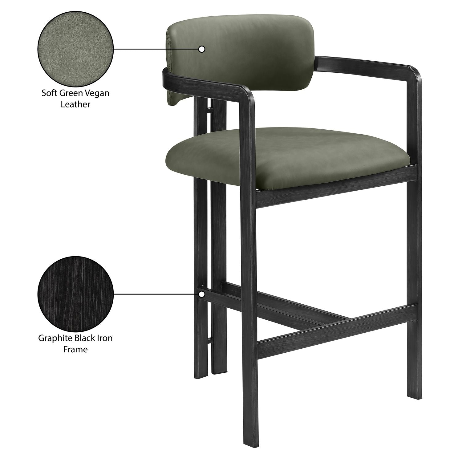 Aurum Vegan Leather Upholstered Counter Stool — Green / Graphite Black