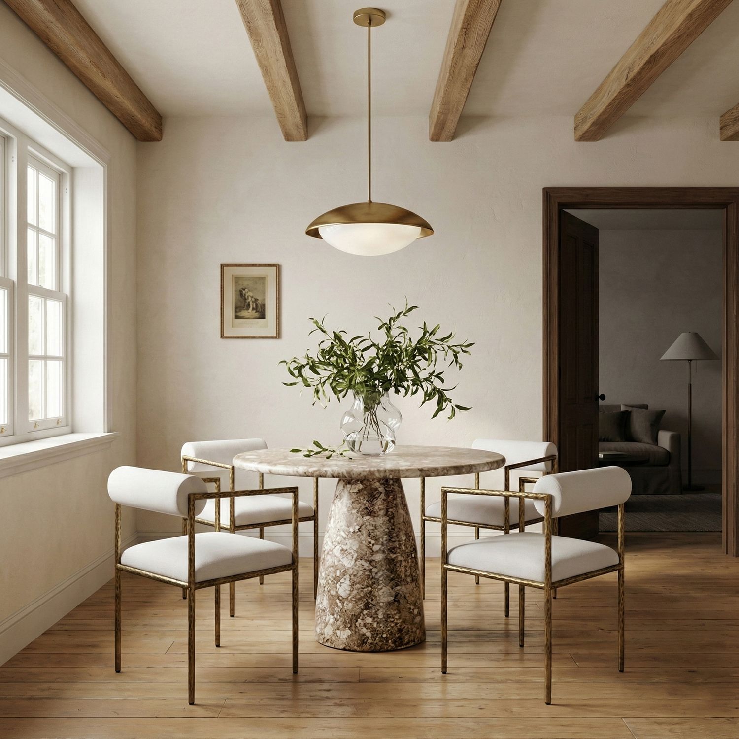 Axis Linen Textured Fabric Upholstered Dining Chair — Cream / Powder Coated Brushed Brass