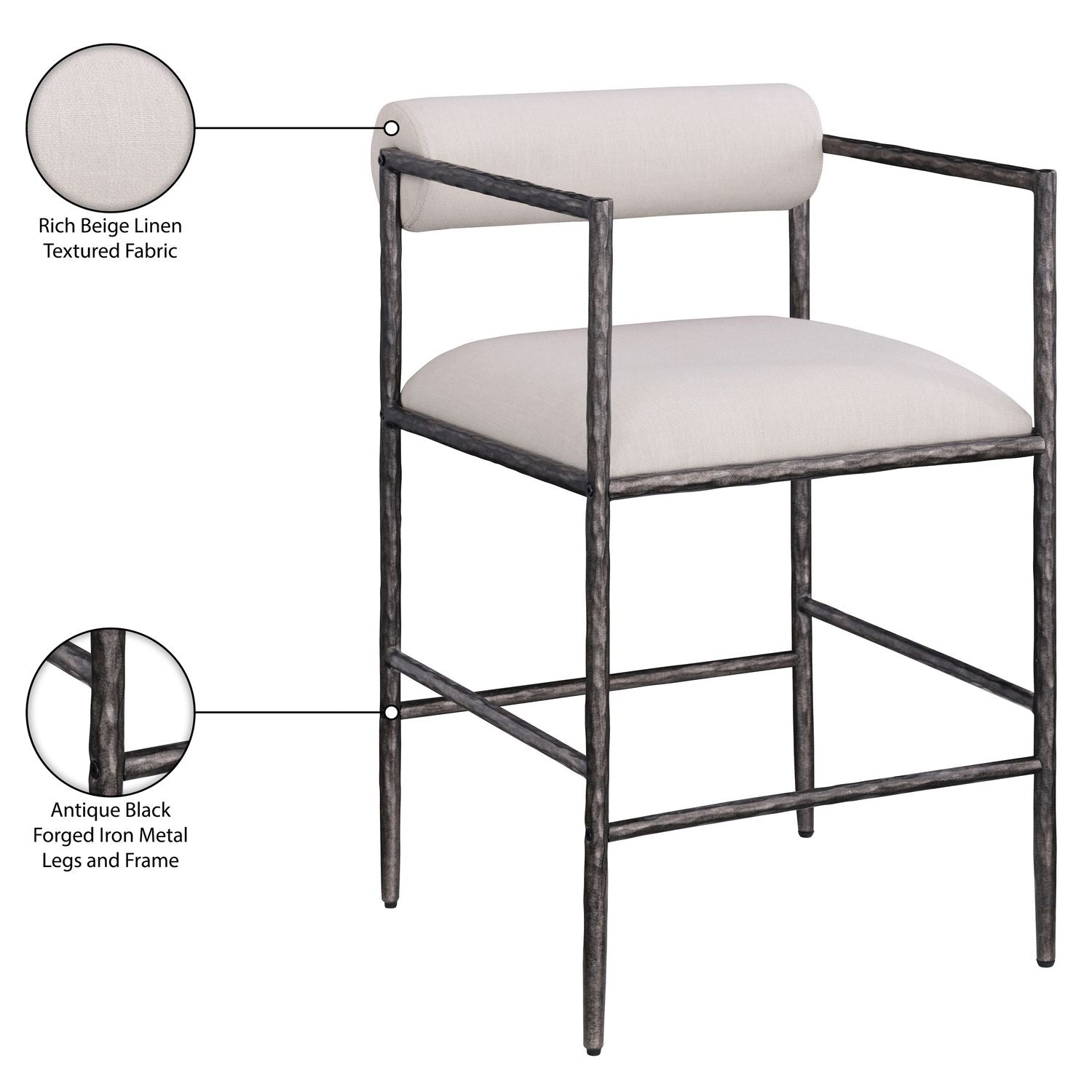 Axis Linen Textured Fabric Upholstered Counter Stool — Beige / Powder Coated Antique Black