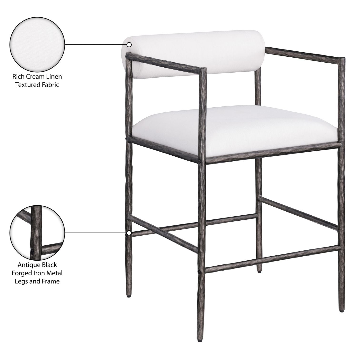 Axis Linen Textured Fabric Upholstered Counter Stool — Cream / Powder Coated Antique Black