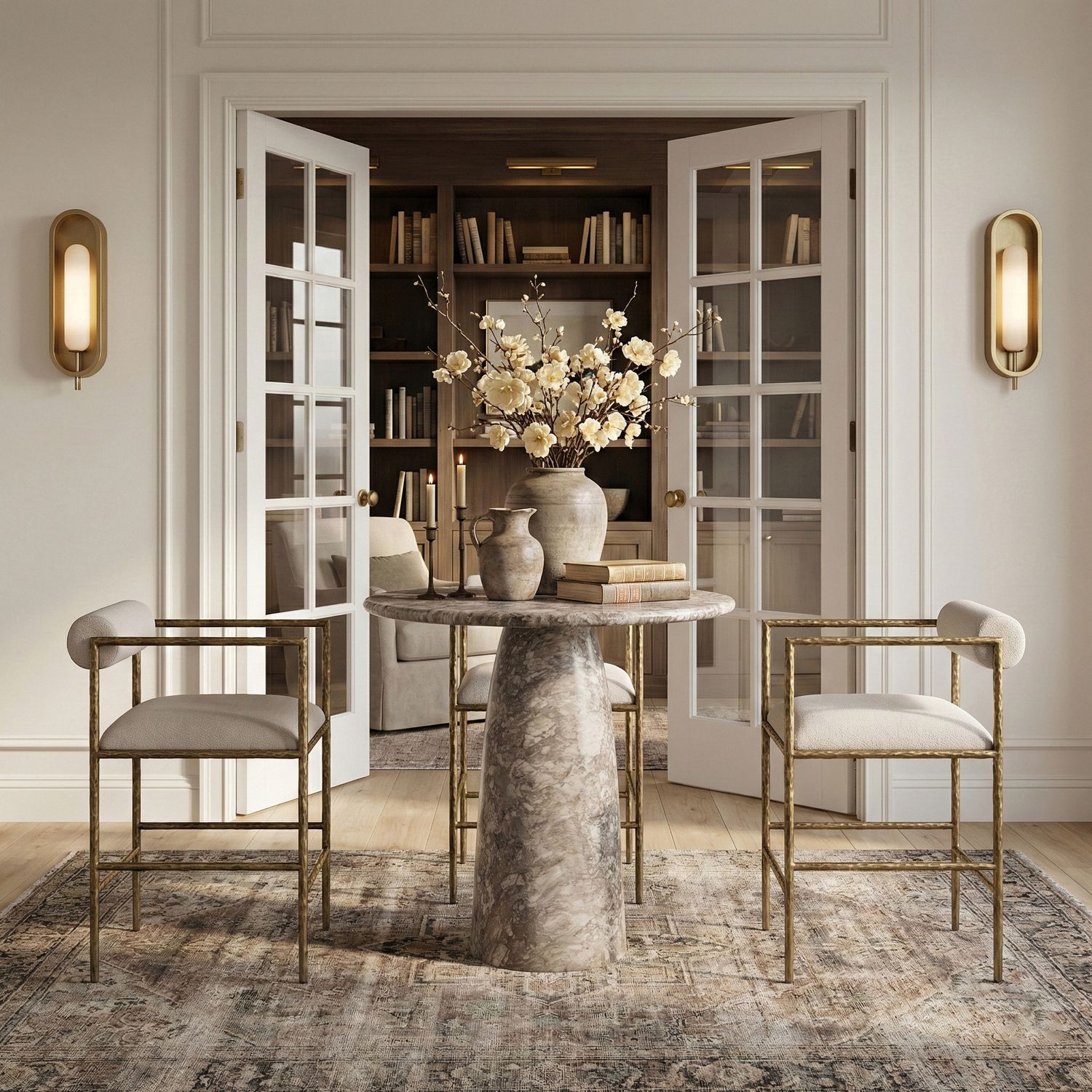 Axis Linen Textured Fabric Upholstered Counter Stool — Beige / Powder Coated Brushed Brass