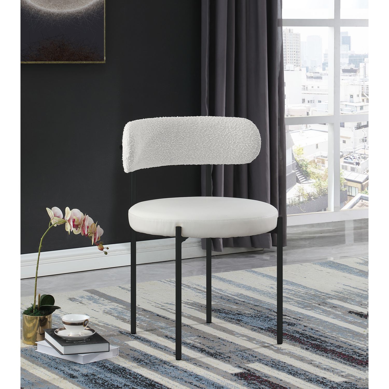 Beacon Vegan Leather And Boucle Fabric Upholstered Dining Chair — Cream / Matte Black