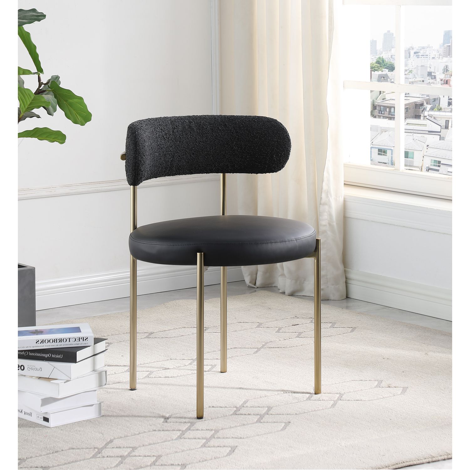 Beacon Vegan Leather And Boucle Fabric Upholstered Dining Chair — Black / Brushed Brass