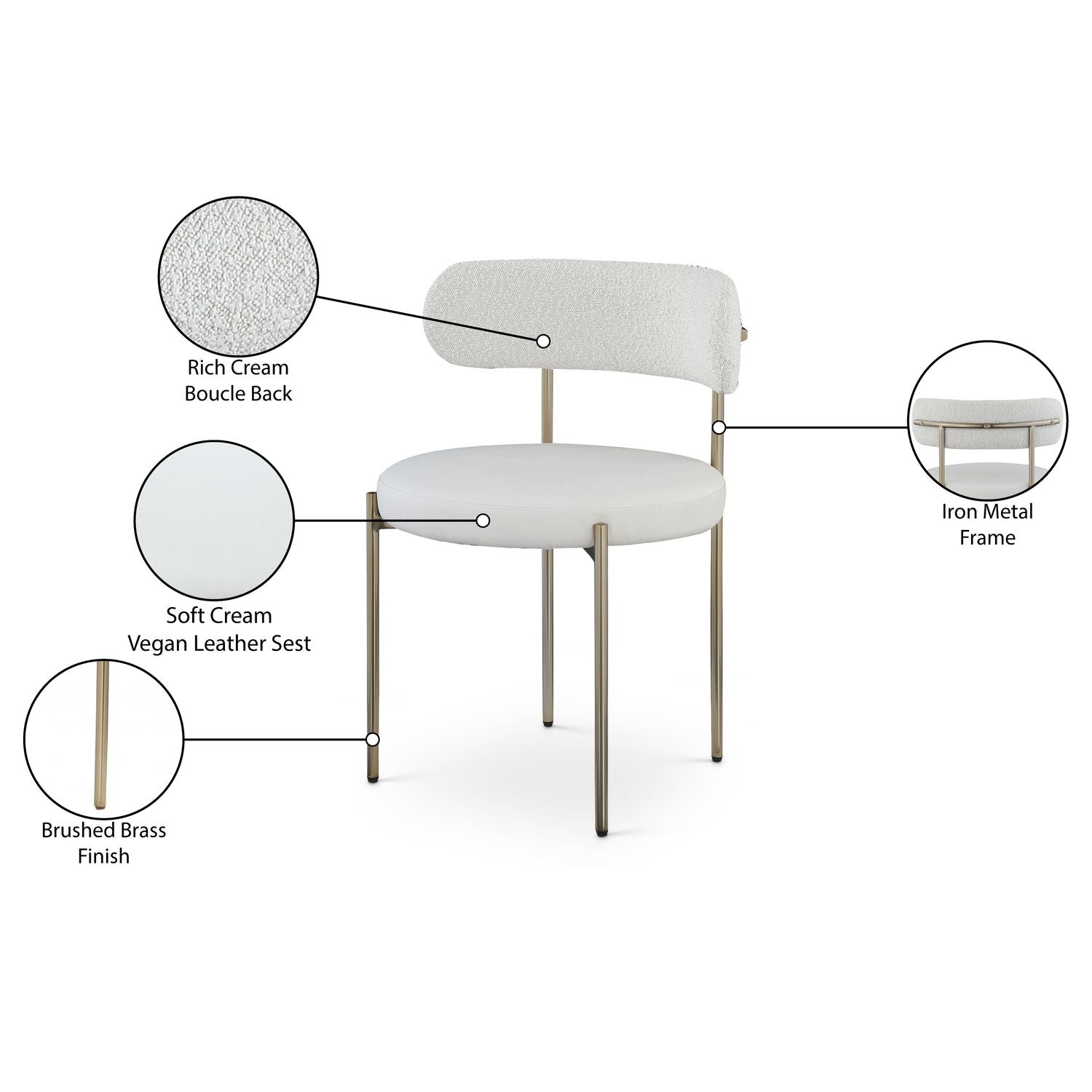 Beacon Vegan Leather And Boucle Fabric Upholstered Dining Chair — Cream / Brushed Brass
