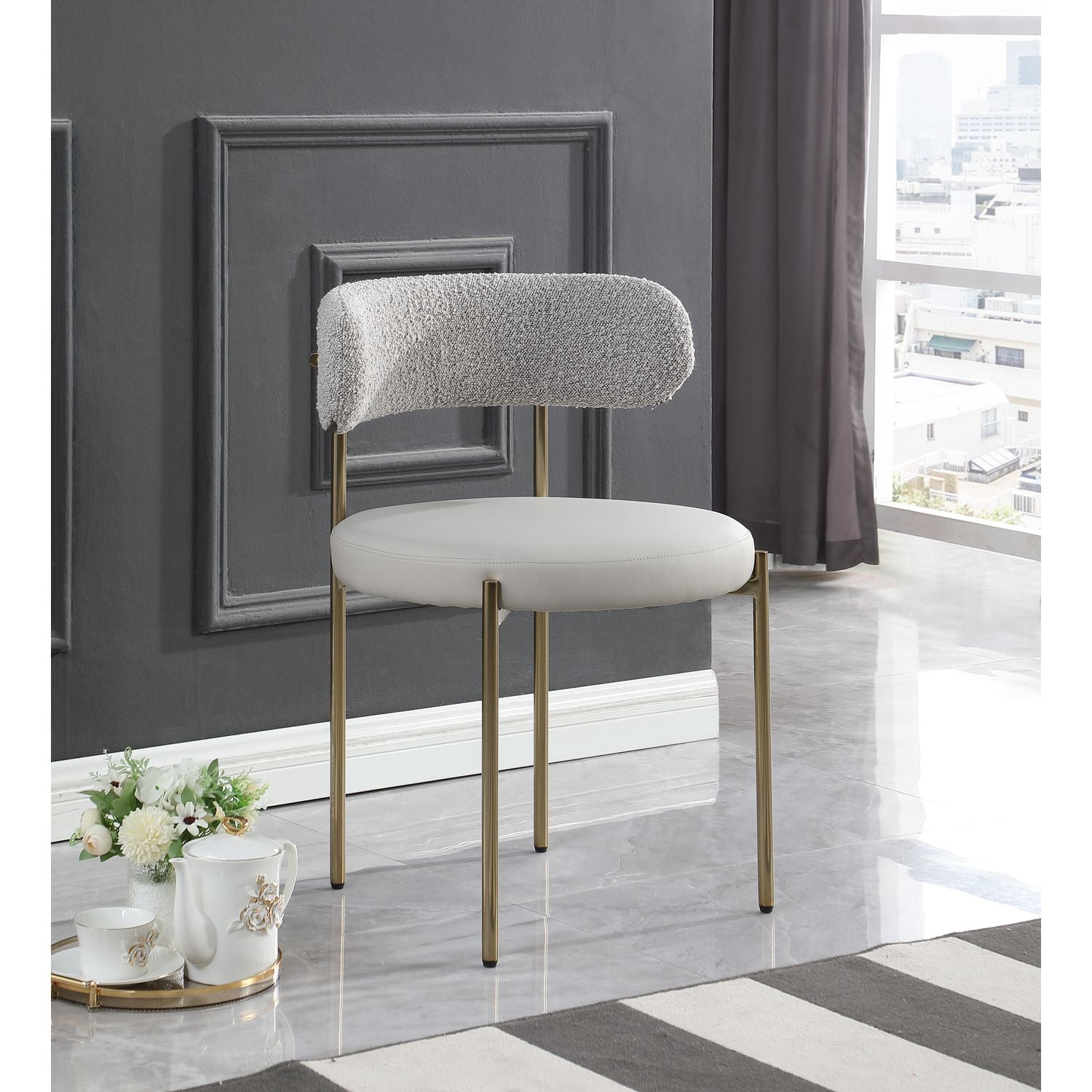 Beacon Vegan Leather And Boucle Fabric Upholstered Dining Chair — Taupe / Brushed Brass
