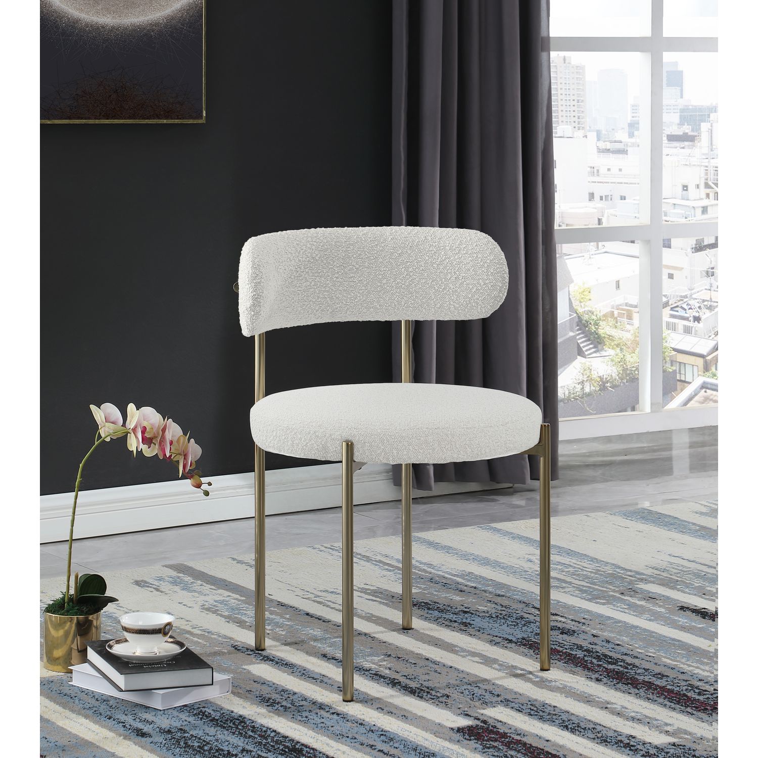Beacon Boucle Fabric Upholstered Dining Chair — Cream / Brushed Brass