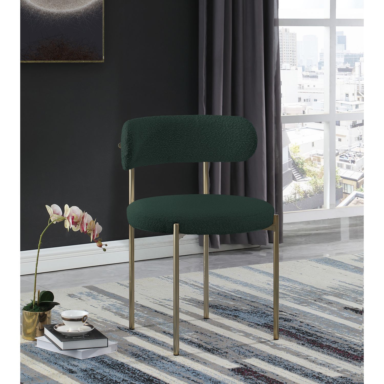 Beacon Boucle Fabric Upholstered Dining Chair — Green / Brushed Brass