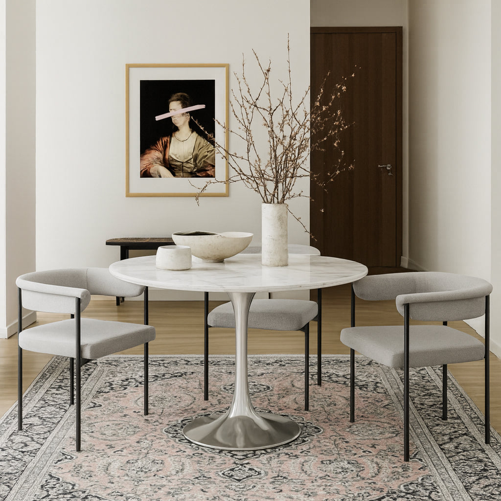 Holly Marble Veneer Top And Metal Base Dining Table — Chrome