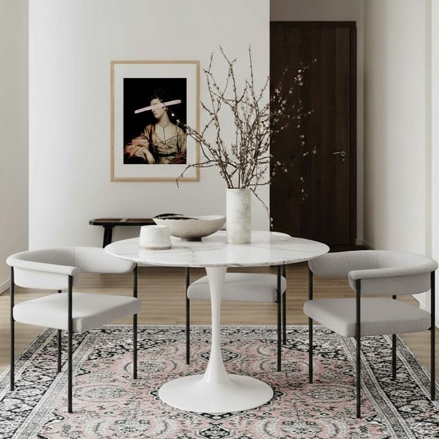 Holly Marble Veneer Top And Metal Base Dining Table — White