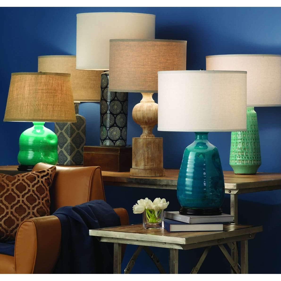 Neva Table Lamp in Blue and White Ceramic with Classic Drum Shade in White Linen-Jamie Young-JAMIEYO-9NEVABLD131C-Table Lamps-2-France and Son