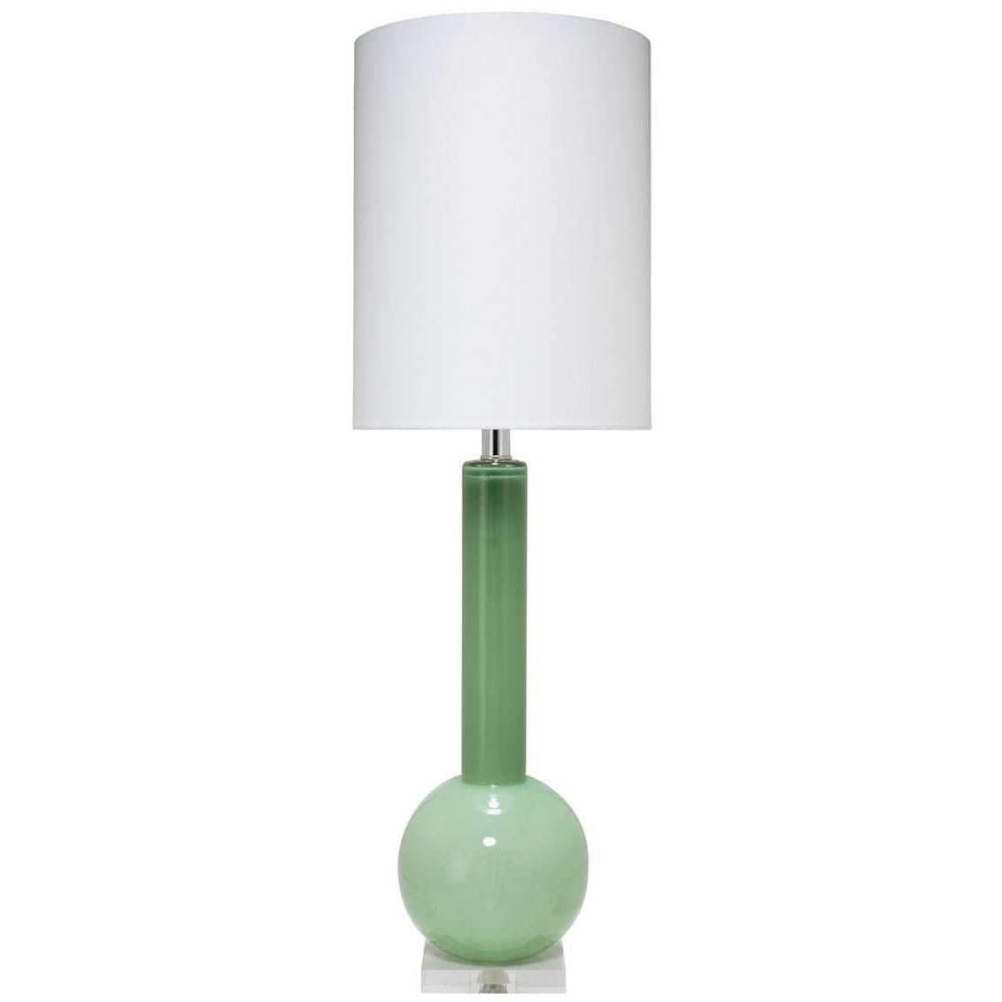 Studio Table Lamp in Leaf Green Glass with Tall Thin Drum Shade in White Linen-Jamie Young-JAMIEYO-9STUDLGD131T-Table Lamps-1-France and Son