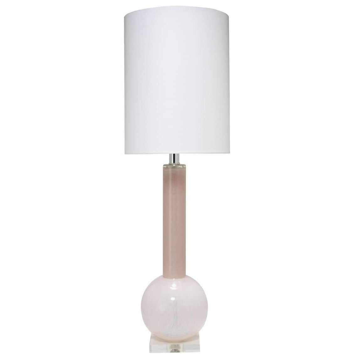 Studio Table Lamp in Petal Pink Glass with Tall Thin Drum Shade in White Linen-Jamie Young-JAMIEYO-9STUDPPD131T-Table Lamps-1-France and Son