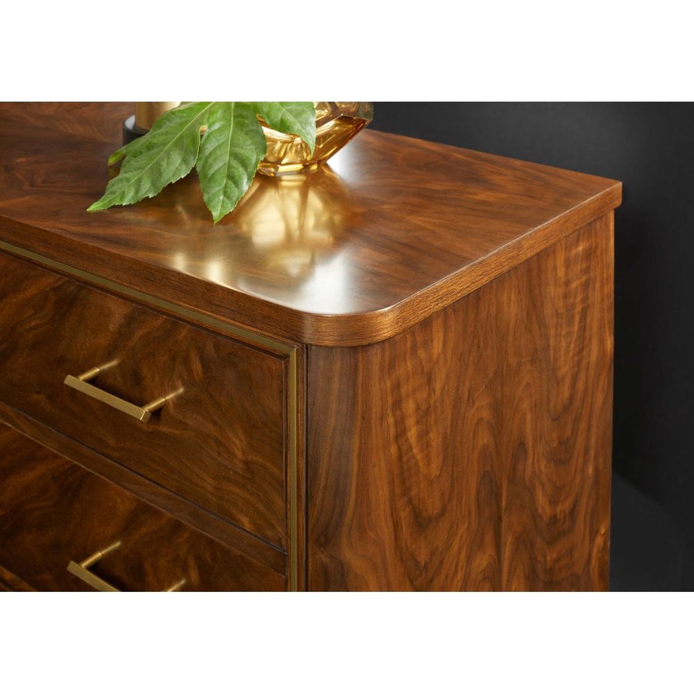 Alternate view of Walnut Swirl Bedside Chest in rich walnut brown and antique brass gold.