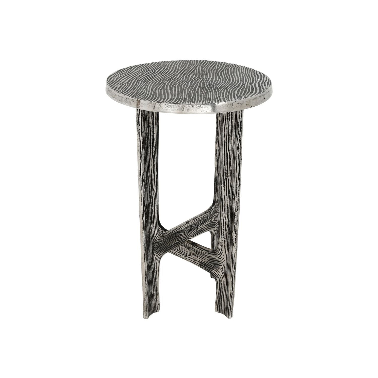 Additional view of Structure Accent Table, featuring textured wood-grain, cast aluminum, and a round accent top.