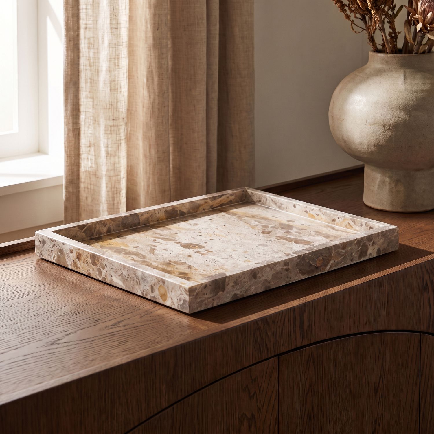 Barletta Rectangular Genuine Marble Tray — Beige