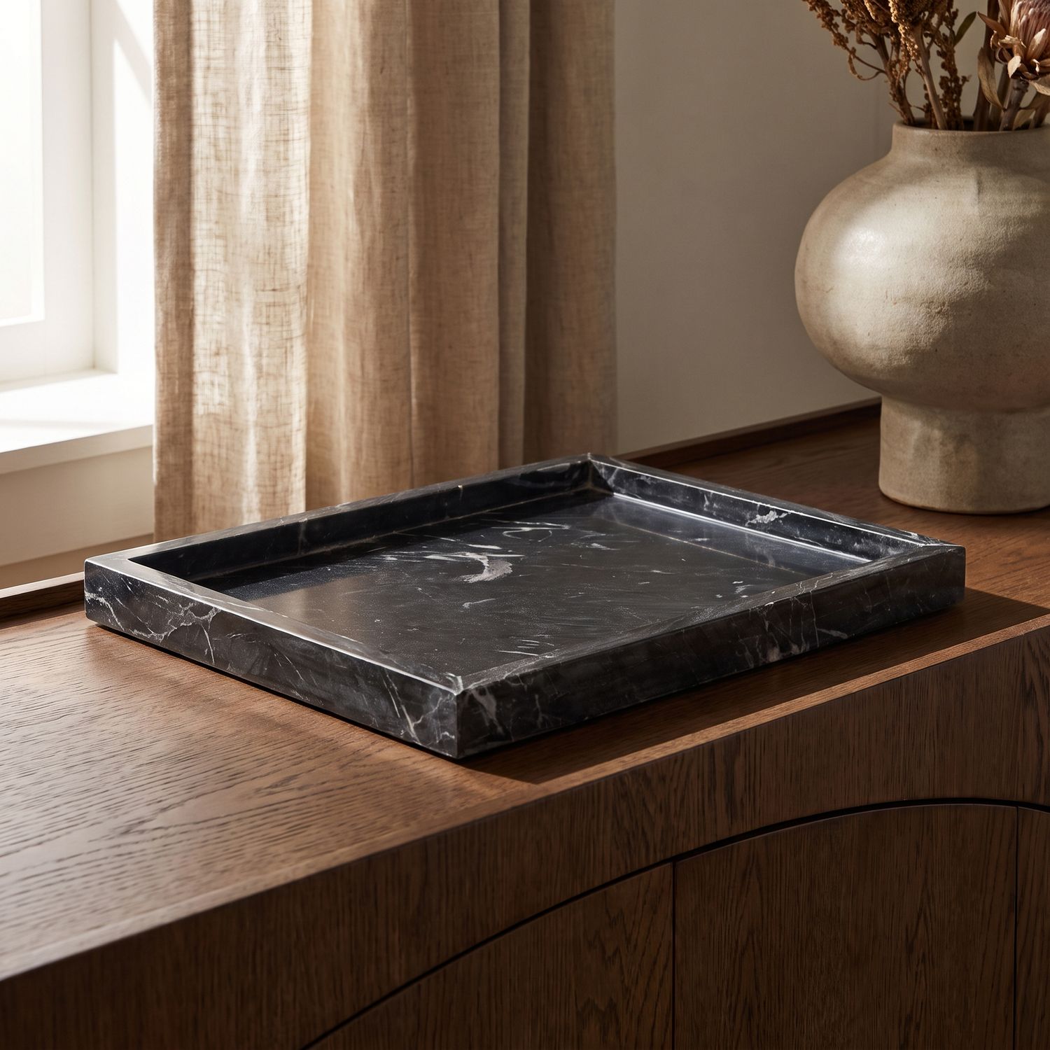 Barletta Rectangular Genuine Marble Tray — Black