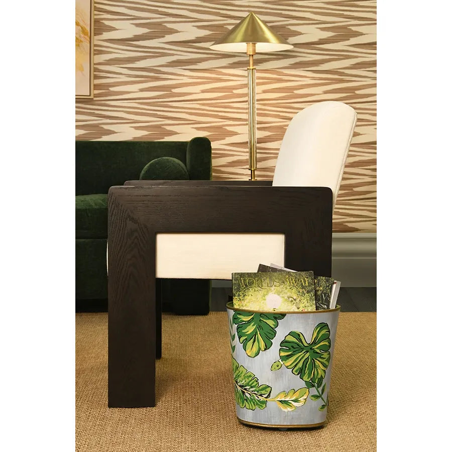 Alternate view of Oval Wastebasket With Tropical Leaf And Snake Pattern in light blue-gray and green.