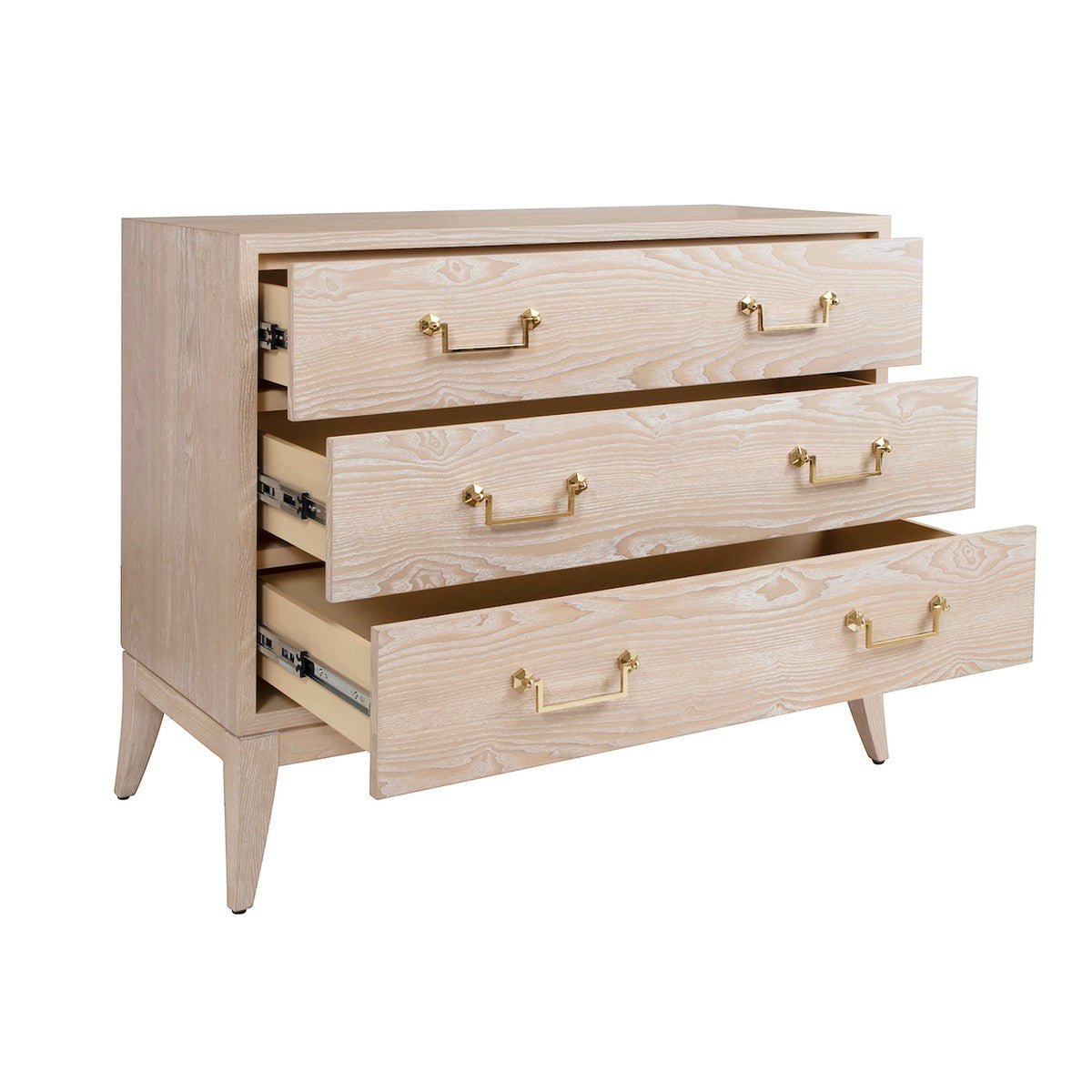 Avis - Sabre Leg 3 Drawer Chest With Brass Swing Handle In Light Cerused Oak