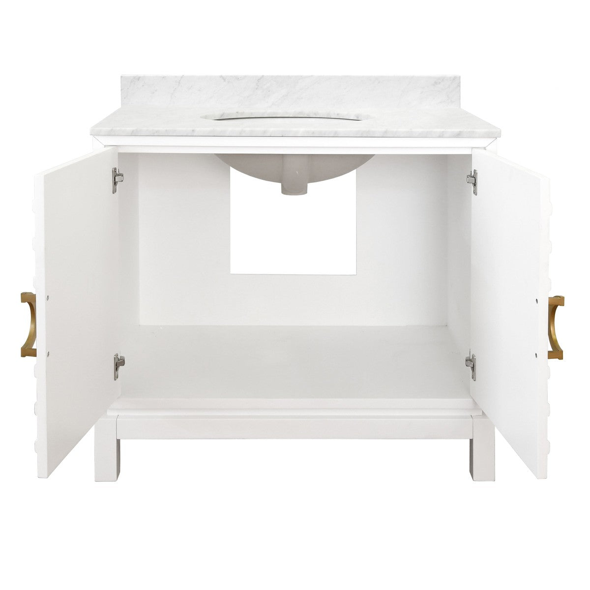 Bixby - Bath Vanity In Matte White Lacquer With Antique Brass Circle Hardware, White Marble Top, And Porcelain Sink