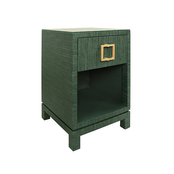 One Drawer Side Table With Large Brass Square Hardware In Green Dyed Grasscloth With Glass Top.