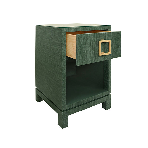 One Drawer Side Table With Large Brass Square Hardware In Green Dyed Grasscloth With Glass Top.