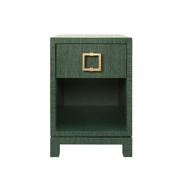 One Drawer Side Table With Large Brass Square Hardware In Green Dyed Grasscloth With Glass Top.