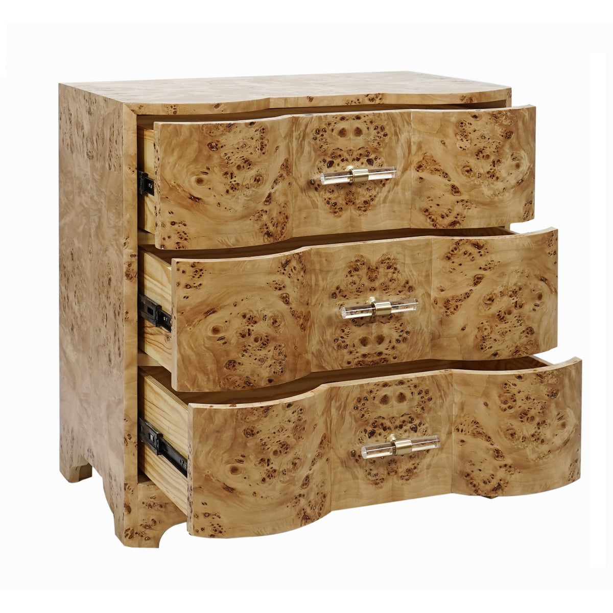 Calvin - Three Drawer Side Table In Burl Wood With Acrylic Hardware