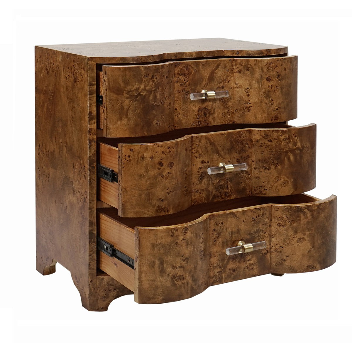 Calvin - Three Drawer Side Table In Dark Burl Wood With Acrylic Hardware